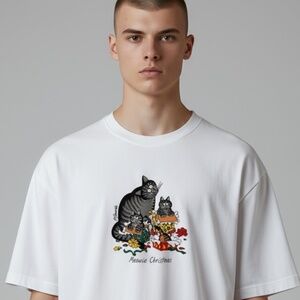 VTG 90s Y2k NWT B.Kliban Cat Crazy "Meowie Christmas"  White T-Shirt Mens Large